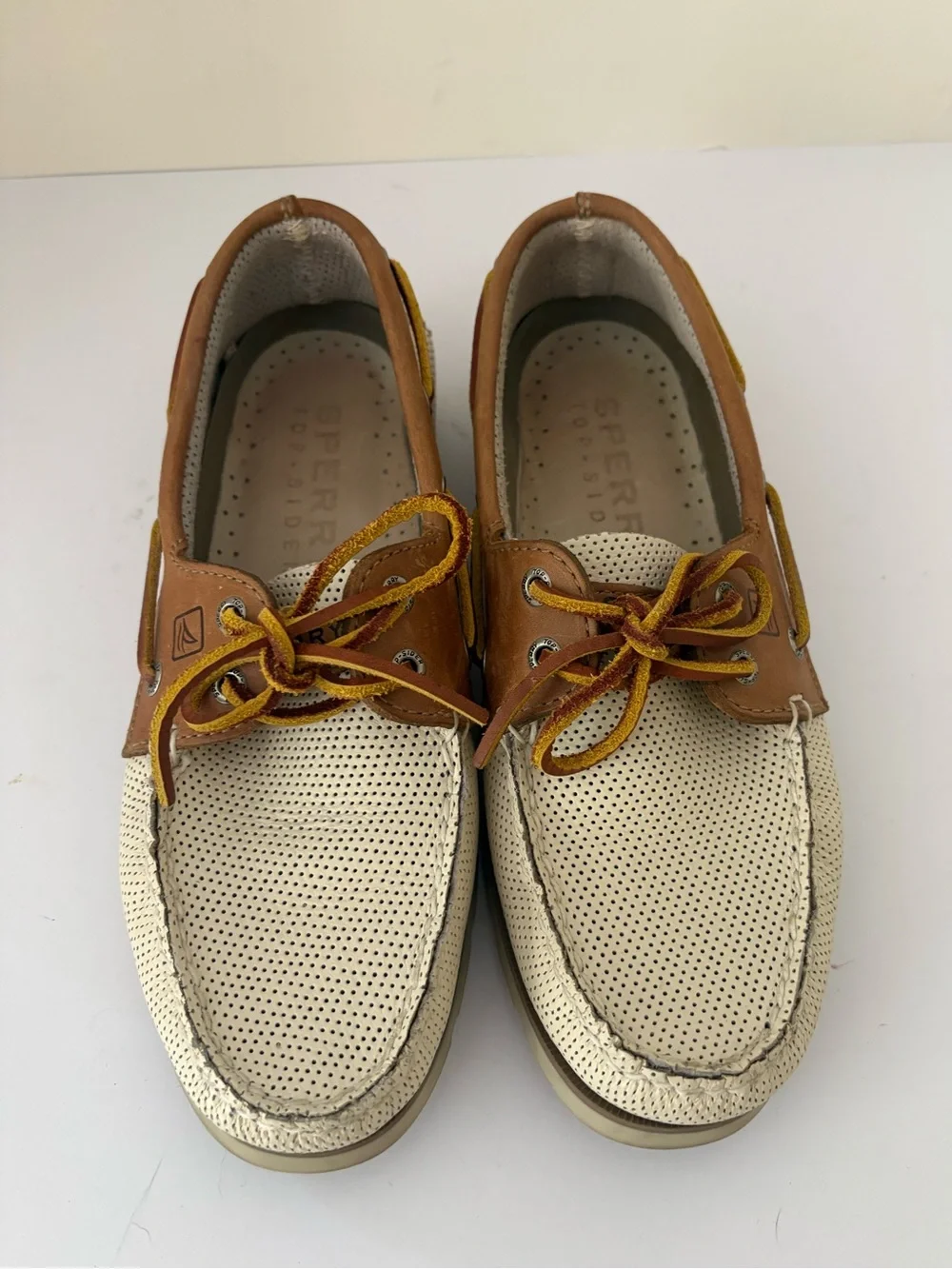 Sperry Two-Tone Boat shoes. Perforated cream and tan leather. 2 Eye. Size 8.5M